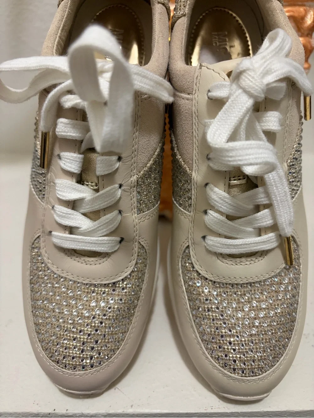 Michael Kors Beige and Gold Crystal-Embellished Sneakers